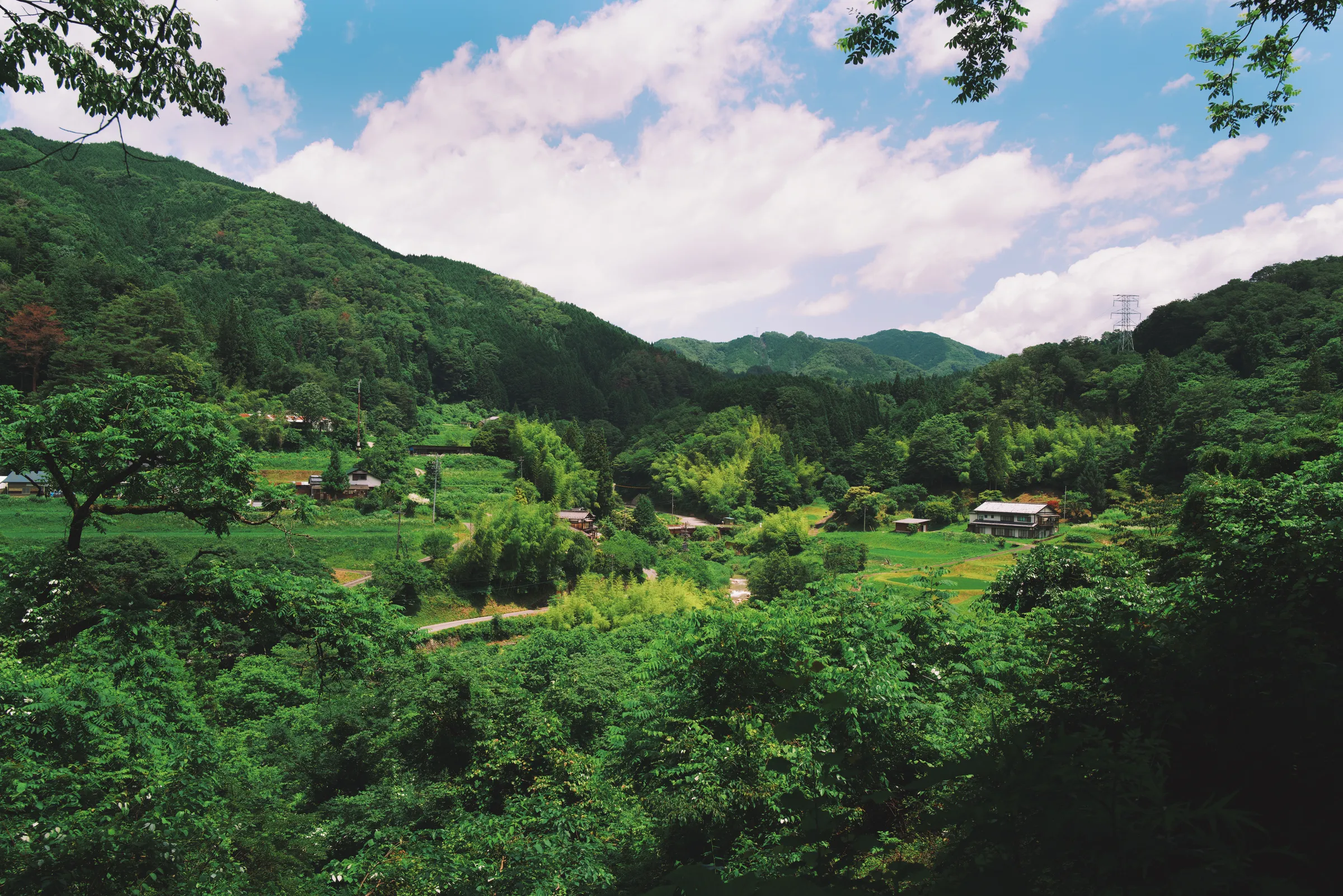 Rice paddies and farmhouses spread across the Kiso Valley floor, forested mountains and cloud beyond