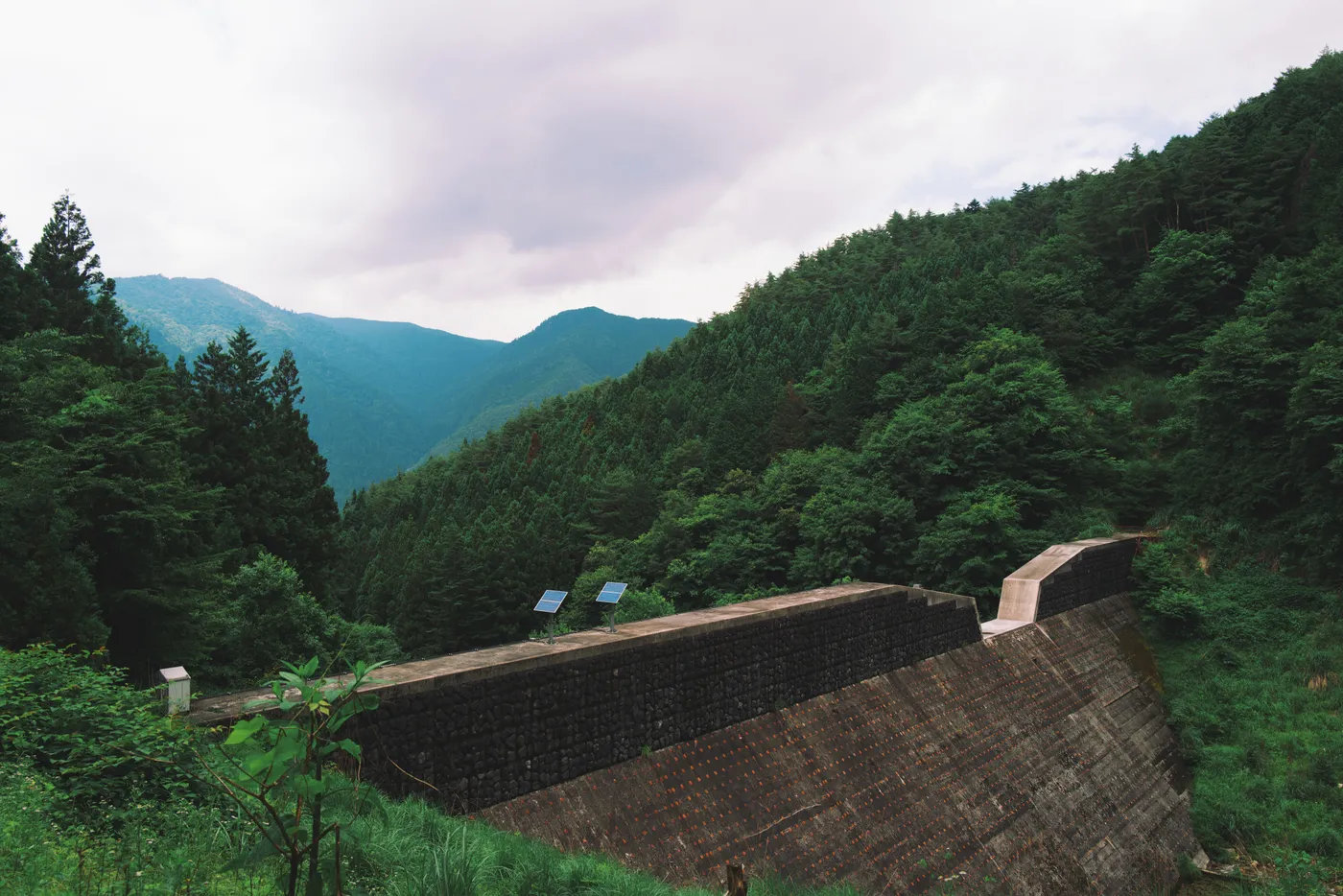 Concrete dam wall with solar panels, forested valley and overcast mountains behind