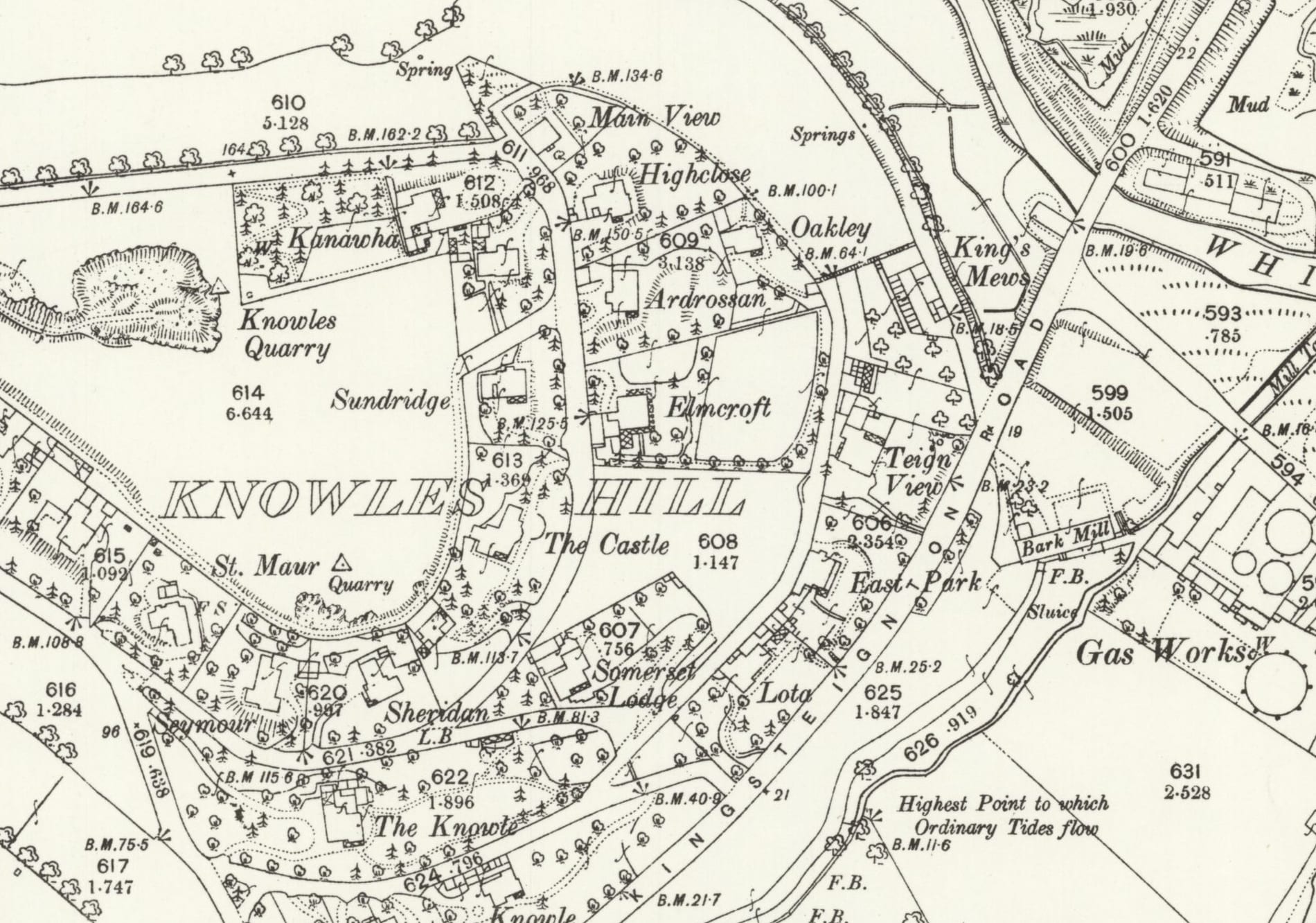 A black-and-white Ordnance Survey map extract of Knowles Hill, its slope covered with named villa plots and dotted with trees, the River Teign along the bottom edge.