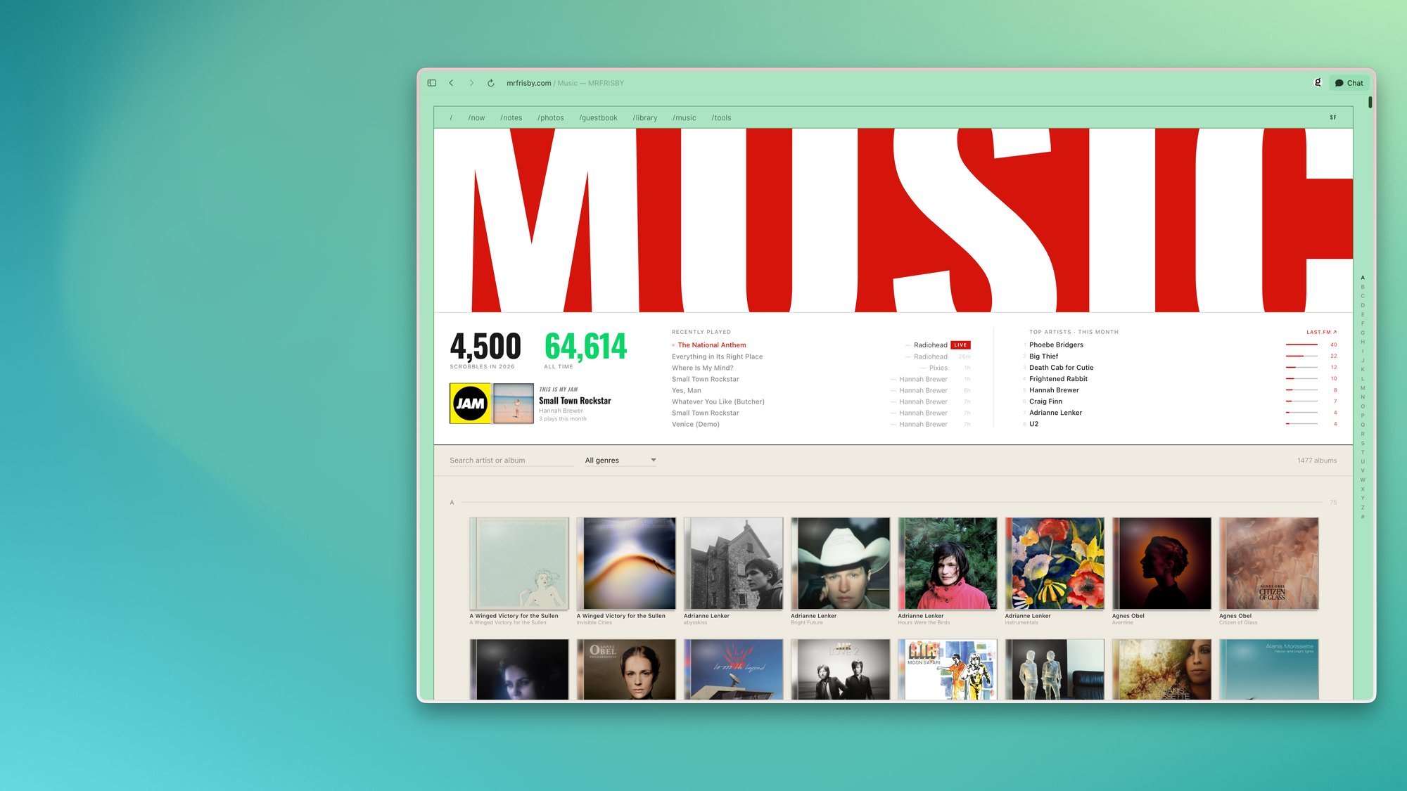 The /music page open in a browser window — a bold red-and-white MUSIC wordmark over this year's and lifetime scrobble counts, recently played tracks, top artists, and This Is My Jam.