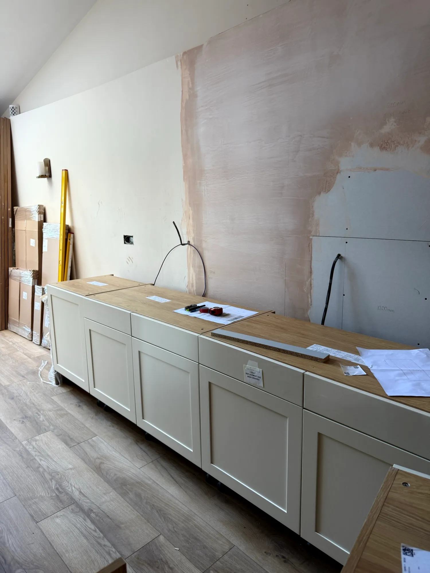 The lower cabinets for what will be the area for small appliances like the espresso machine and the sparkling water tap which I’m positively giddy about.
