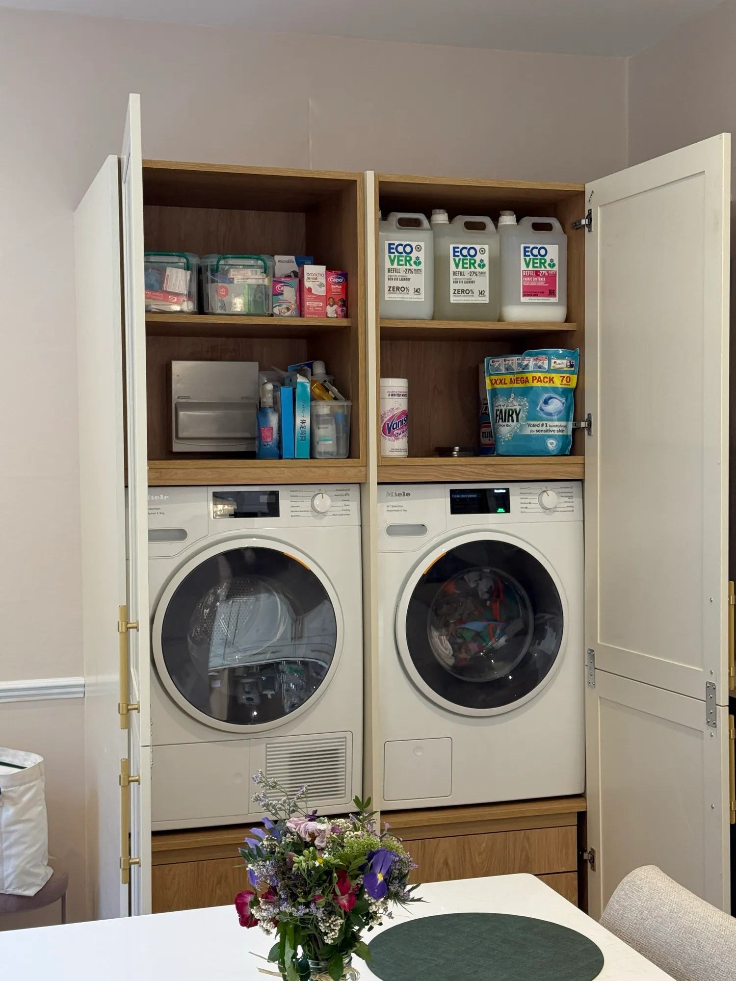 The laundry area which has one major issue and several missing parts which will hopefully be ironed out soon. It’s so much nicer doing laundry here than squeezed into the tiny cupboard the machines lined in previously.