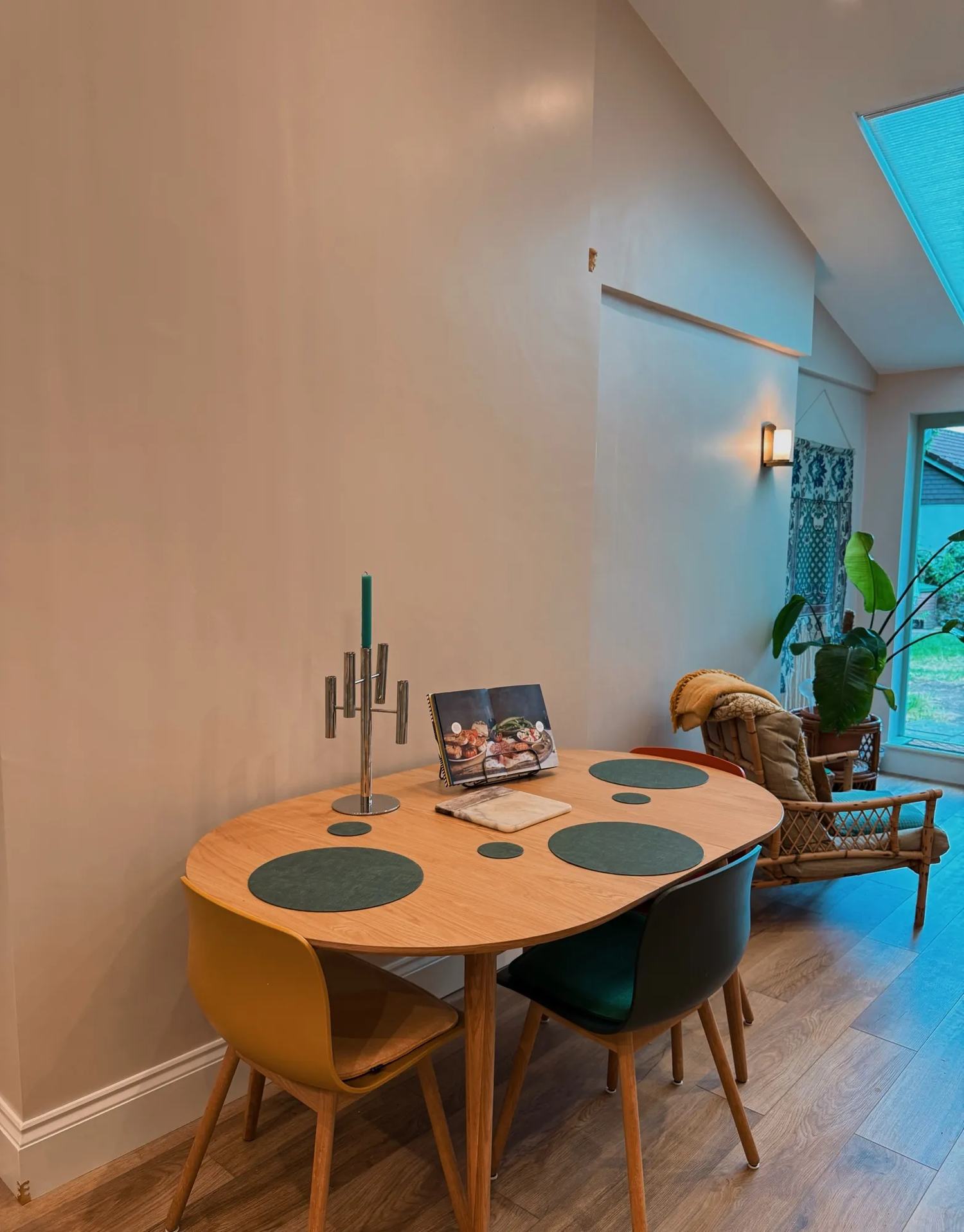 The table in situ. It’ll seat six but normally only three so the other chairs are in the basement for now.
