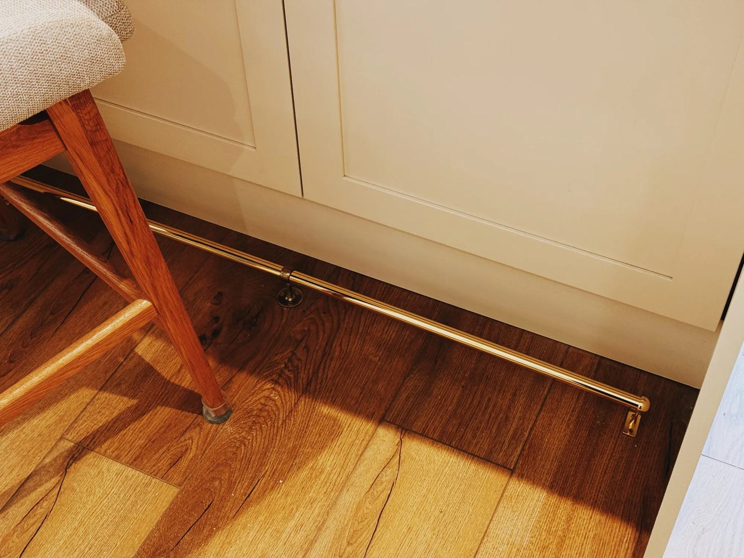 I installed a brass foot rail for the breakfast bar to stop the stools hitting the cabinetry and to give ones feet a place to rest.