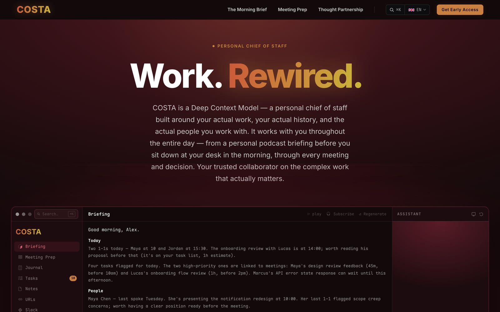 The COSTA homepage: Work. Rewired. above a screenshot of the morning briefing.