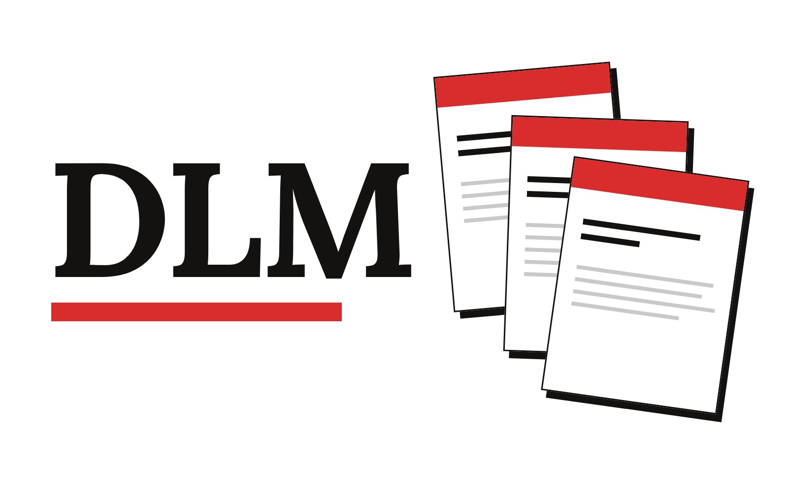 The DLM wordmark in black serif type over a red bar, beside a fan of three memo sheets with red headers.