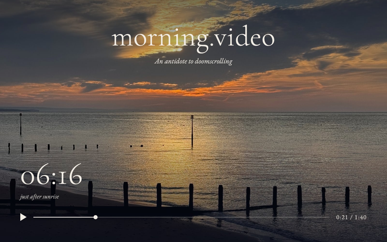 A concept frame for morning.video: a dawn sky over the sea with the title in serif type, a timecode, and a video scrubber along the bottom.