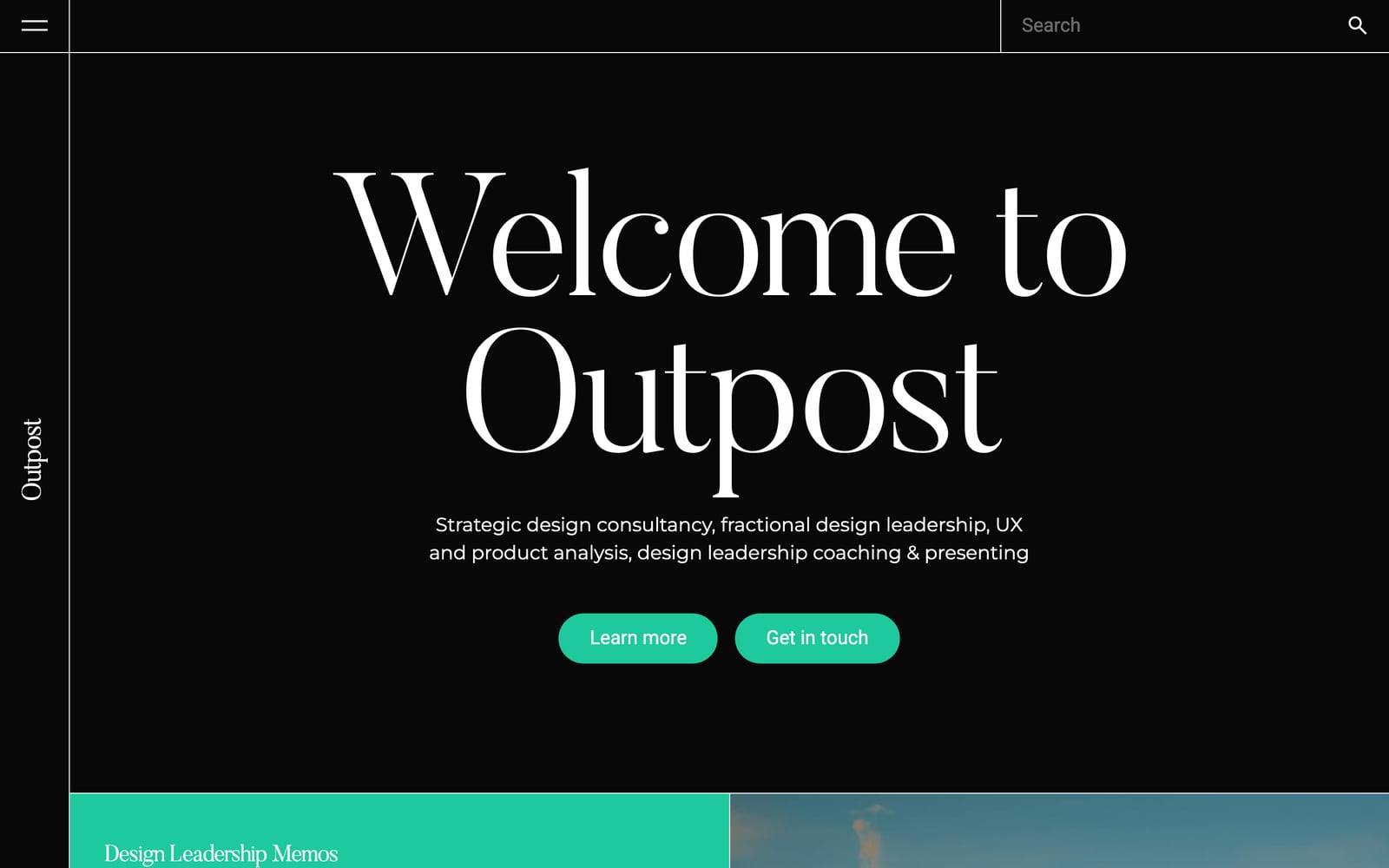 The Outpost homepage: Welcome to Outpost, in white serif type on black.