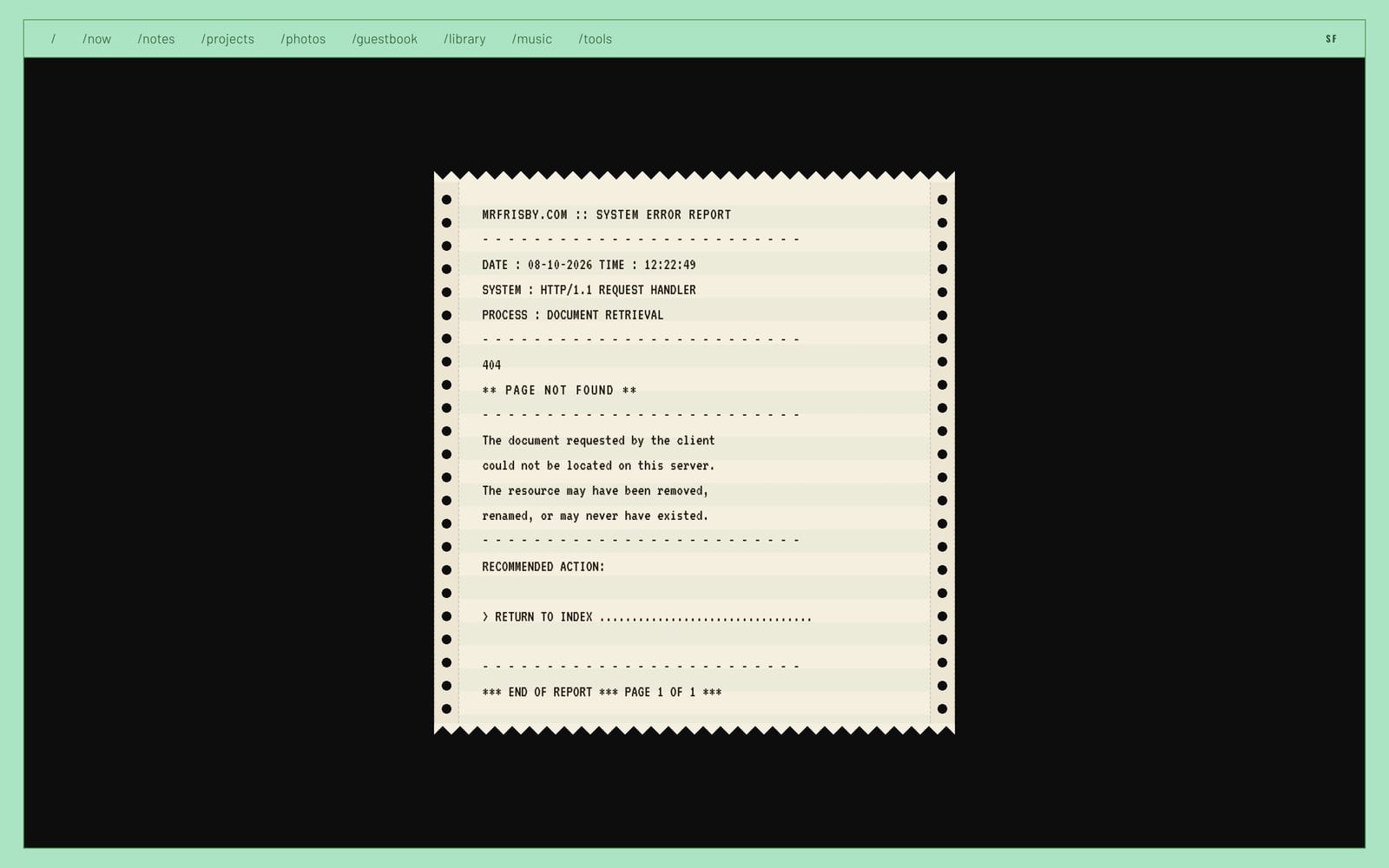 The 404 page, set as a line-printer error report.