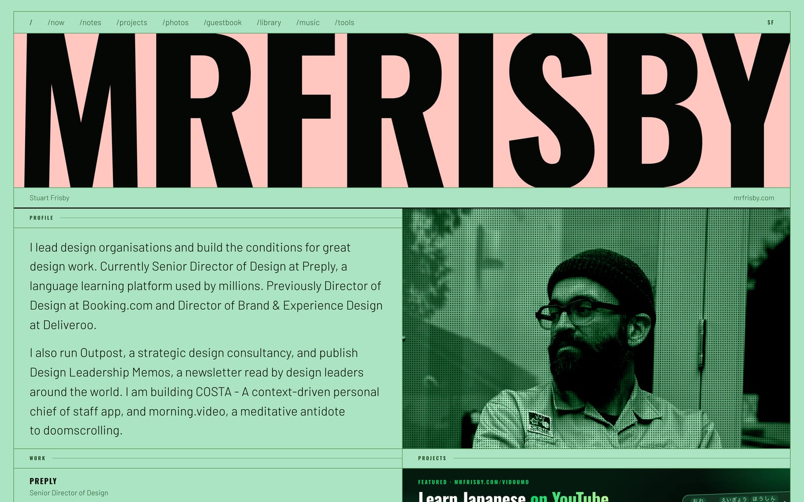 The homepage: the MRFRISBY wordmark fitted across the frame.