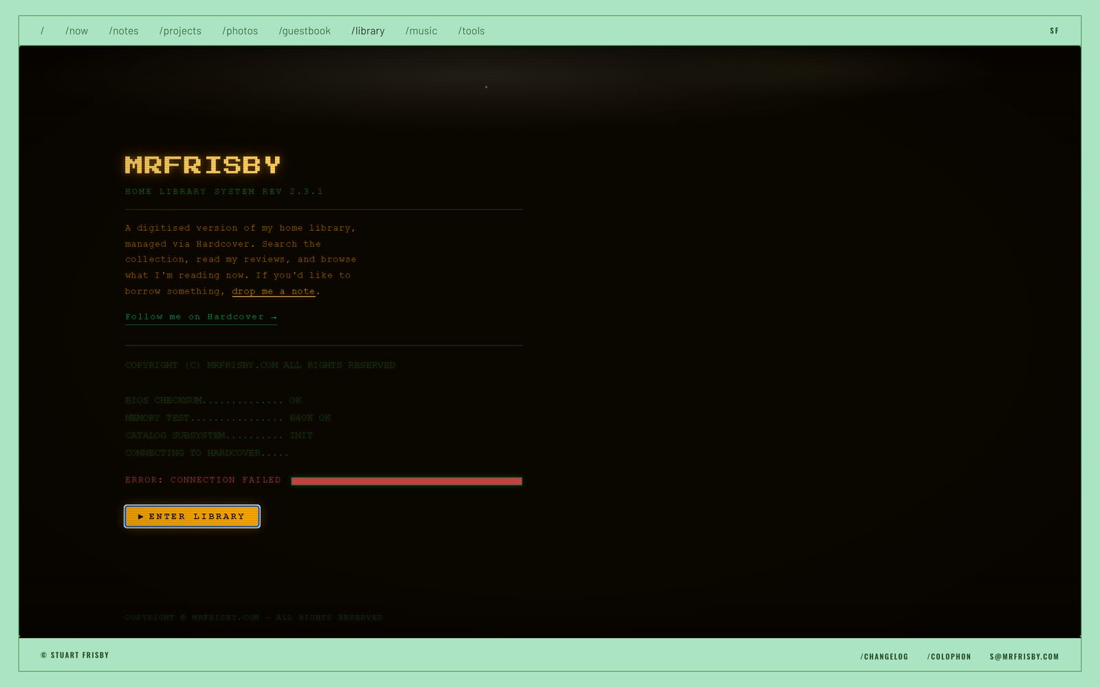 The library: a green-screen terminal splash with an Enter Library prompt.