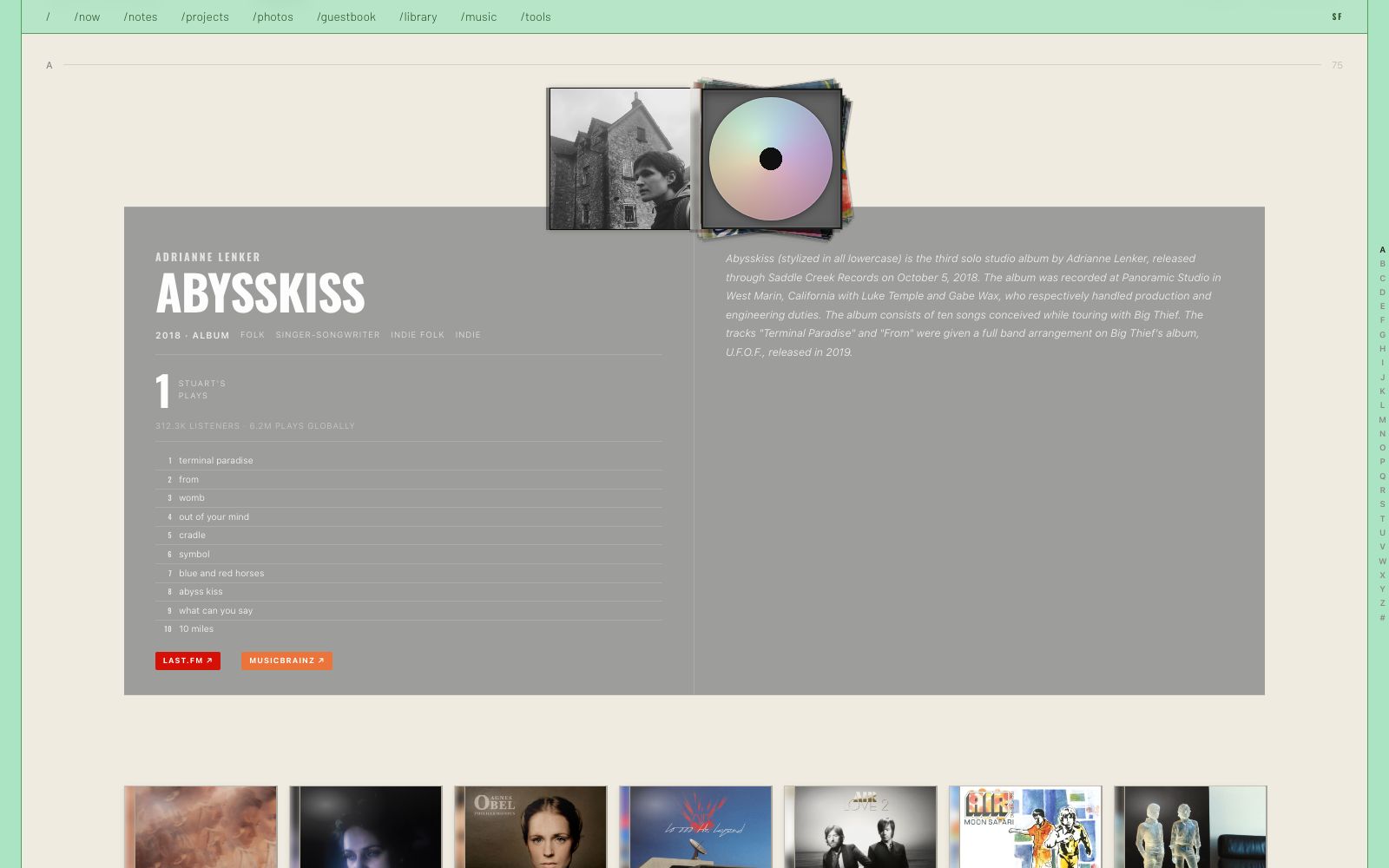 An open jewel case for Adrianne Lenker, Abysskiss: the disc beside the cover, with the tracklist, play stats and a Last.fm description in the panel below.