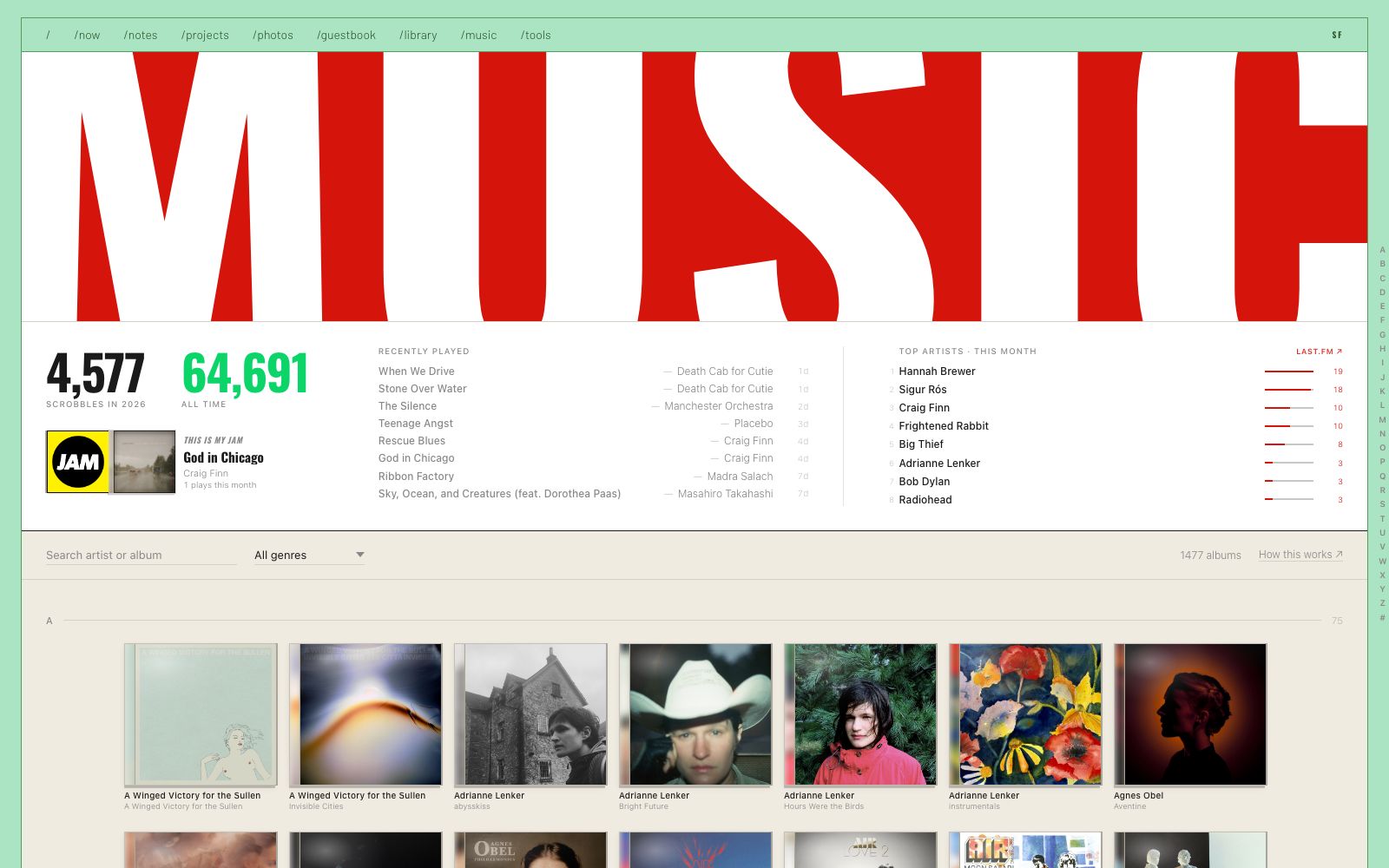 The music page: a red and white MUSIC wordmark over scrobble counts, recently played tracks, top artists and a This Is My Jam case, above a wall of album covers.