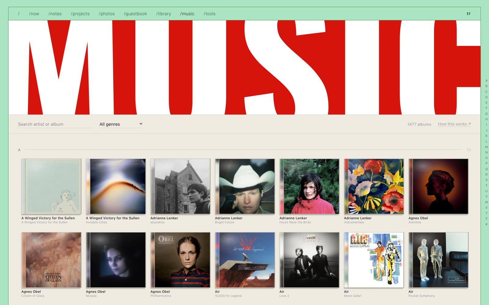 The music page: a wall of album covers under a fitted MUSIC heading.