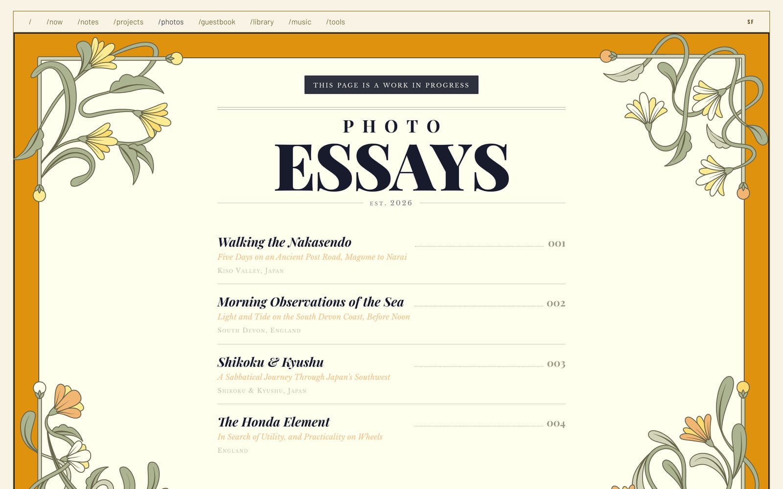 The photo essays index, set like a printed contents page on cream.