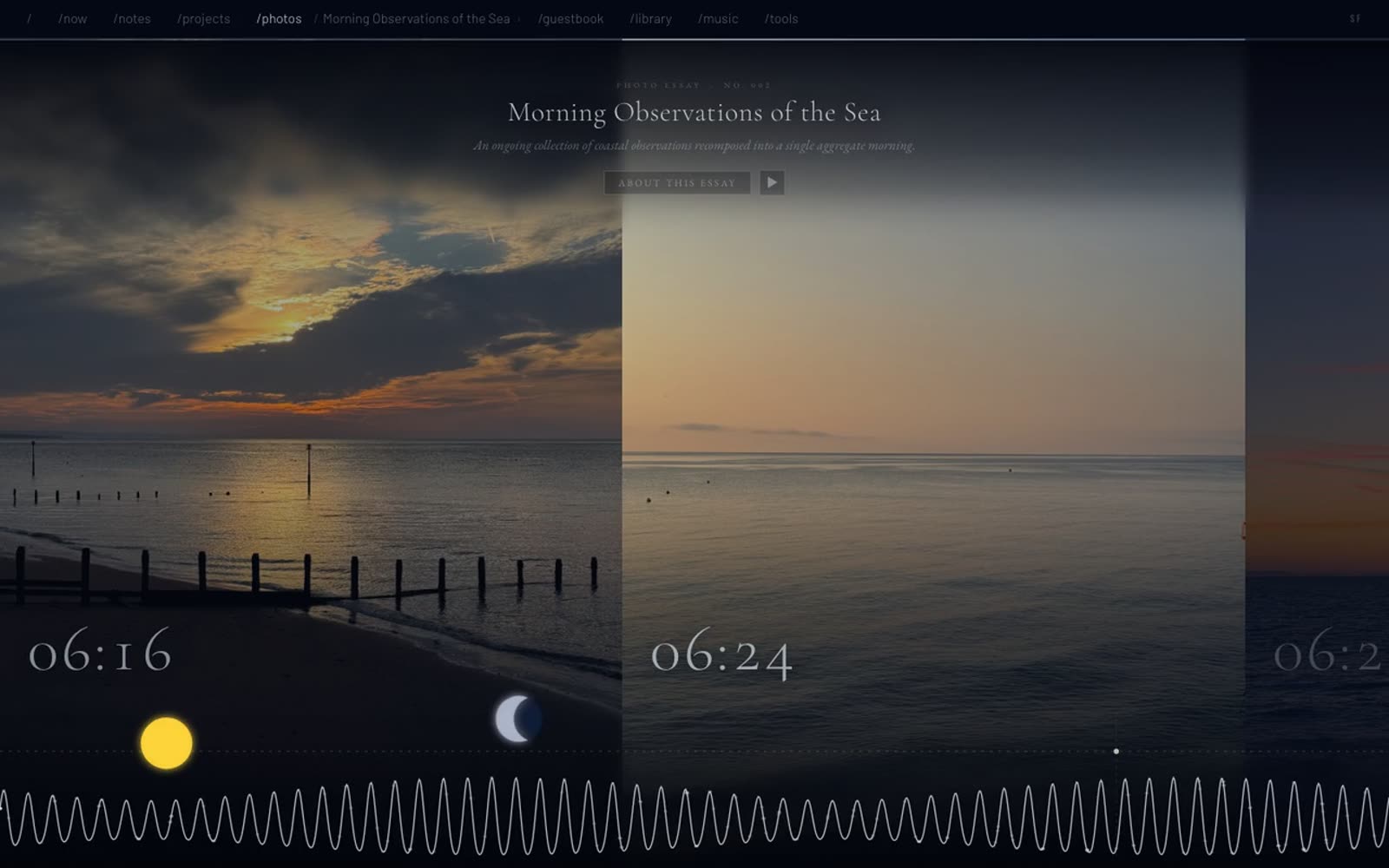 Morning Observations of the Sea playing: dawn photographs of the sea sliding past a clock, with a sun, a moon and a tide line along the bottom.