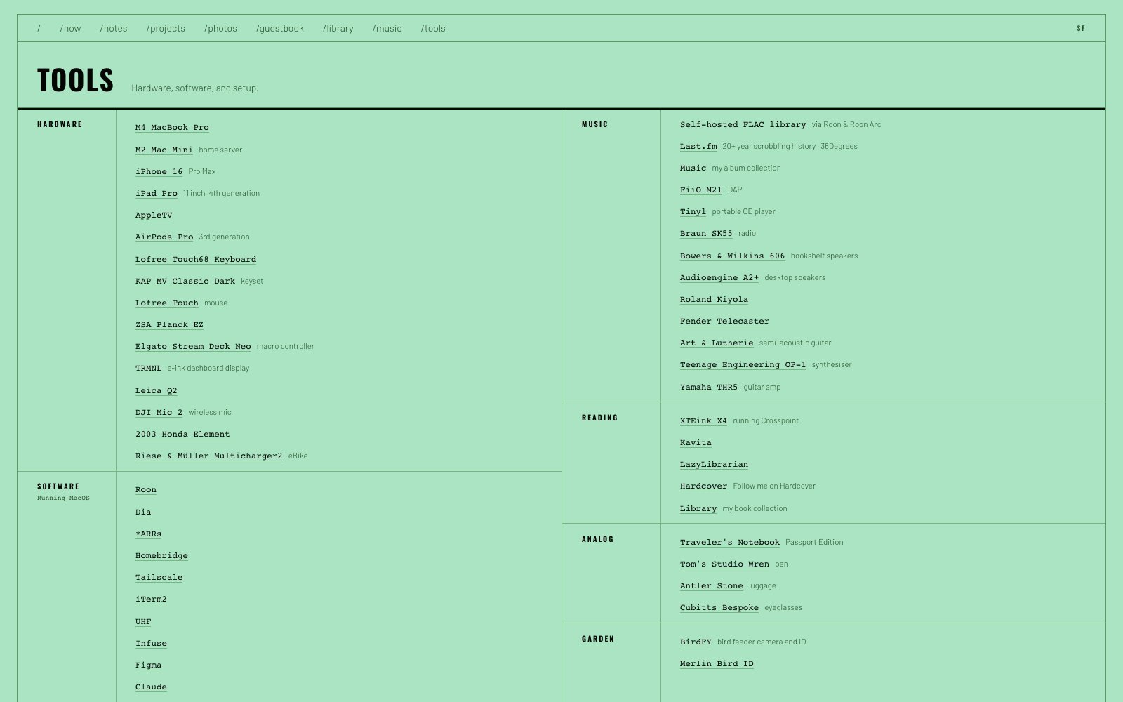 The tools page: hardware, software, music and reading gear listed in columns.