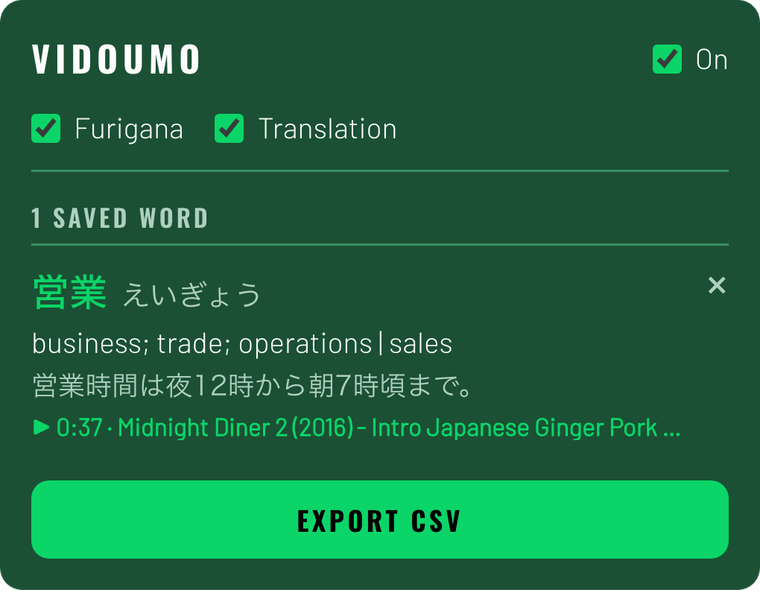 The toolbar popup: switches for Furigana and Translation, a saved word with its reading, meaning, sentence, a link to the moment in the video, and an Export CSV button.